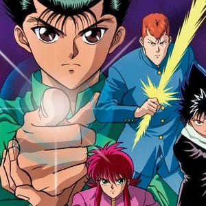 以下が含まれることがあります： アニメシリーズ幽☆遊☆白書のキャラクターのイラスト。画像には、さまざまなポーズの4人のキャラクターが紫色の背景で表示されています。1人のキャラクターは緑色のシャツ、別のキャラクターは青い制服、他の2人は黒とピンクの衣装を着ています。