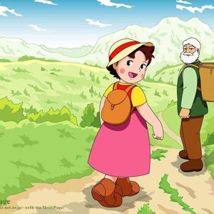 Può includere: Illustrazione animata di una ragazzina con un vestito rosa e un cappello di paglia, con uno zaino, che cammina su un sentiero. Un uomo anziano con la barba e un cesto sulla schiena cammina dietro di lei. Lo sfondo presenta colline verdi e cielo blu.