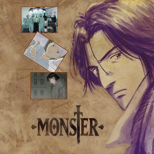 May include: Anime-style illustration featuring a character with purple hair and a serious expression. The image includes three smaller inset scenes and the word "MONSTER" in a stylized font with a sword graphic. The background has a textured, sepia tone.