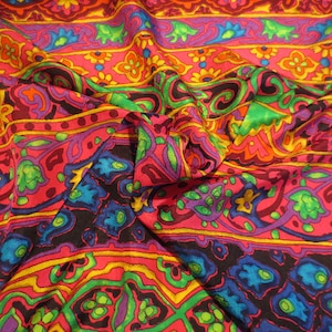 Vibrant Orange Royal and Jade Green Ethnic Stripe Lightweight Designer Pure Silk Crinkle Fabric--By the Yard