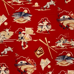 Oberteil mit dem neunten Vintage Malerischen Baseball Druck auf Roter reiner Baumwolle Stoff von Alexander Henry