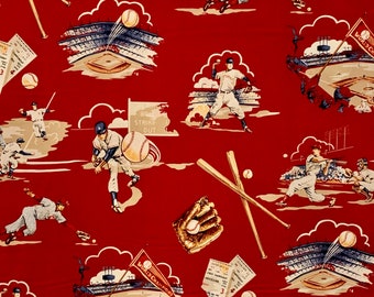 Top of the Ninth Vintage Scenic Baseball Print on Red Pure Cotton Fabric from Alexander Henry--By the Yard