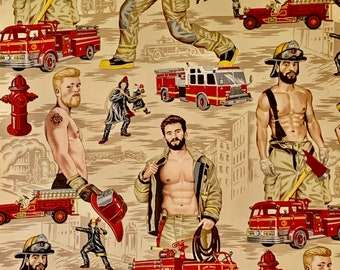 Hunky Firemen on Beige Feel the Heat Large Print Pure Cotton Fabric from Alexander Henry--By the Yard