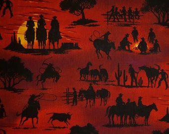 Deep Rust and Black Cowboy Silhouette American Heritage Sunset Print Pure Cotton Fabric from Robert Kaufman--By the Yard