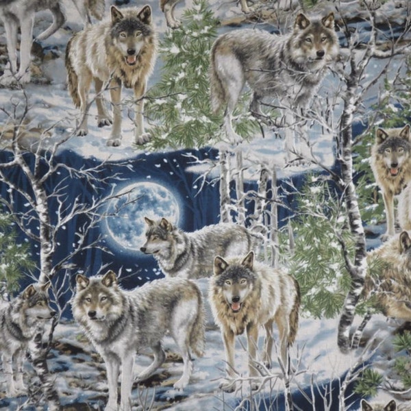 Fabulous Wolves in the Woods by Moonlight Print Pure Cotton Fabric--By the Yard