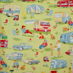 Nostalgic Retro Trailer Travel Print on Green Pure Cotton Fabric from Michael Miller--By the Yard
