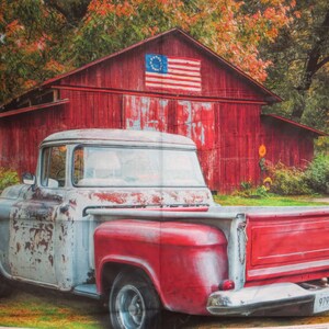 Patriotic Old Pickup against Red Barn with Flag Print Pure Cotton Digital Print Pure Cotton Fabric--By the Panel