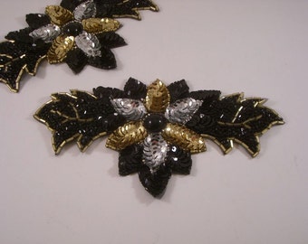 Black Gold and Silver Sequin Floral Design Applique--BY THE Piece