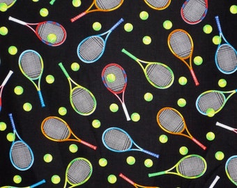 Neon Colors on Black Tossed Tennis Gear Print Pure Cotton Fabric from Timeless Treasures--By the Yard