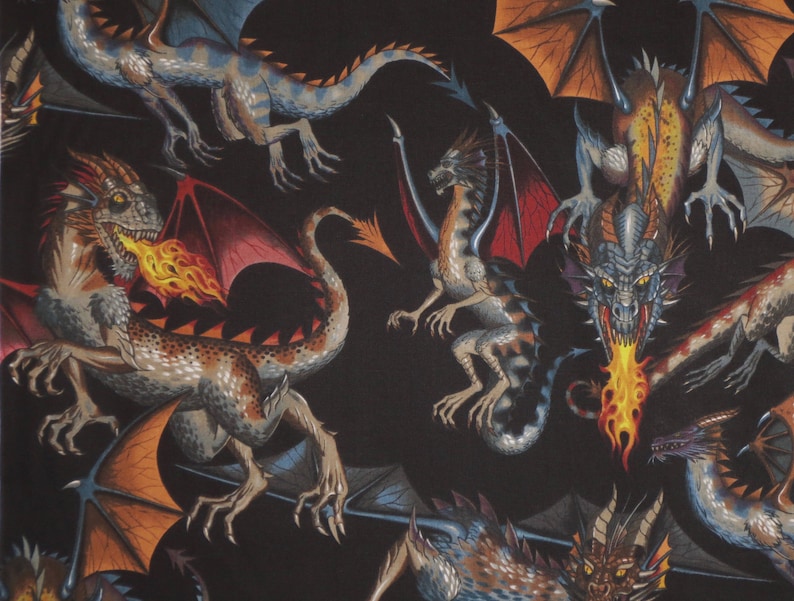 Fabulous Tale of the Dragon Print On Black Pure Cotton Fabric from Alexander HenryBy the Yard image 1