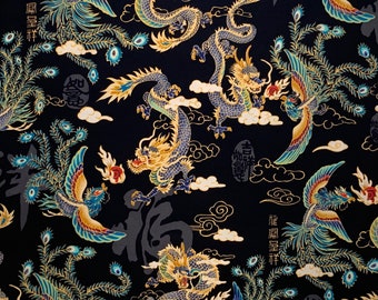 Stunning Dragons and Phoenix on Black Asian Print Pure Cotton Fabric from TransPacific--By the Yard