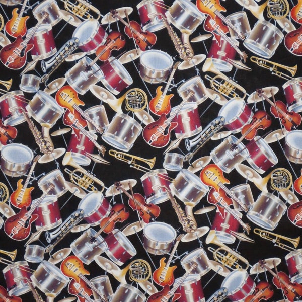Rock Band Instruments Print Pure Cotton Fabric--One Yard
