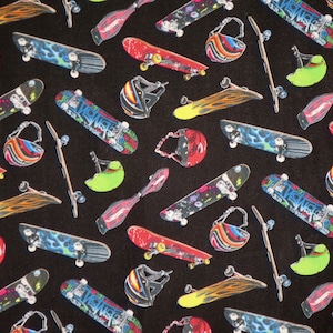 Fun and Colorful Tossed SkateBoard and Helmet Print on Black Pure Cotton Fabric from Elizabeth&#39;s Studio--By the Yard