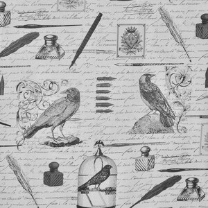 May include: A black and white patterned design featuring vintage illustrations of inkwells, quills, pens, and birds. The design includes handwritten script and decorative elements, creating a classic, antique aesthetic. The overall theme is reminiscent of writing and literature.
