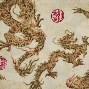 Tan and Metallic Gold on Cream Chinese Dragon Print Pure Cotton Fabric from Trans Pacific--By the Yard