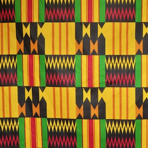 Traditional African Kente Print Pure Cotton Fabric in Red, Green, Black and Yellow--By the Yard
