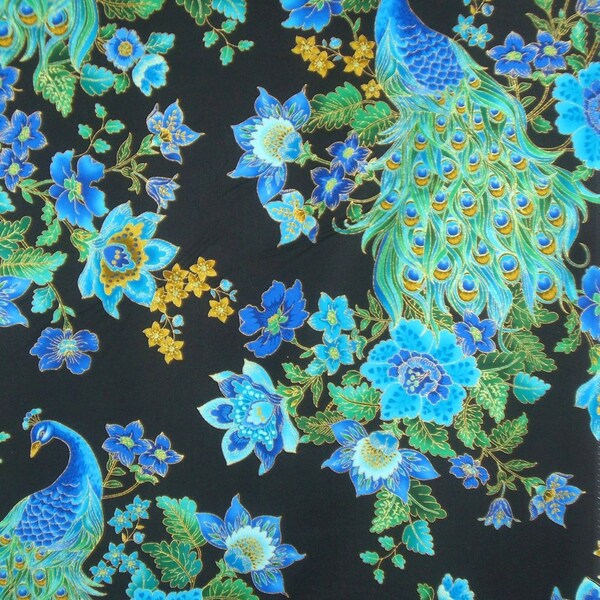 Impresionante pavo real con estampado de oro metálico tela de algodón puro, cortada a medida