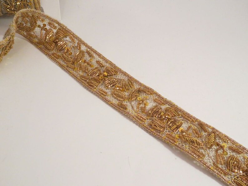 1.5 Yards Beaded Trim Delicate Green Flowers Gold Bullion /& Beads White 1/" Wide