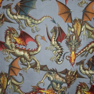 Fabulous Tale of the Dragon Print On Slate Blue Gray Pure Cotton Fabric from Alexander Henry--By the Yard