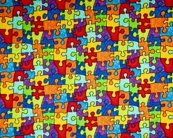 Rainbow Colors Puzzle Piece Autism Jigsaw Print Pure Cotton Fabric from Timeless Treasures--By the Yard