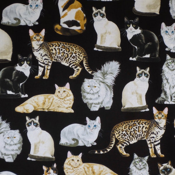 REMNANT--Assorted Realistic Cat Breeds on Black Print Pure Cotton Fabric from Timeless Treasures--3/8 Yard