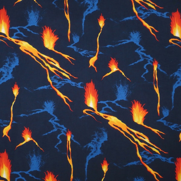 Dramatic Red Hot Volcanic Lava Flow Print on Blue Pure Cotton Fabric from Trans Pacific of Hawaii--By the Yard