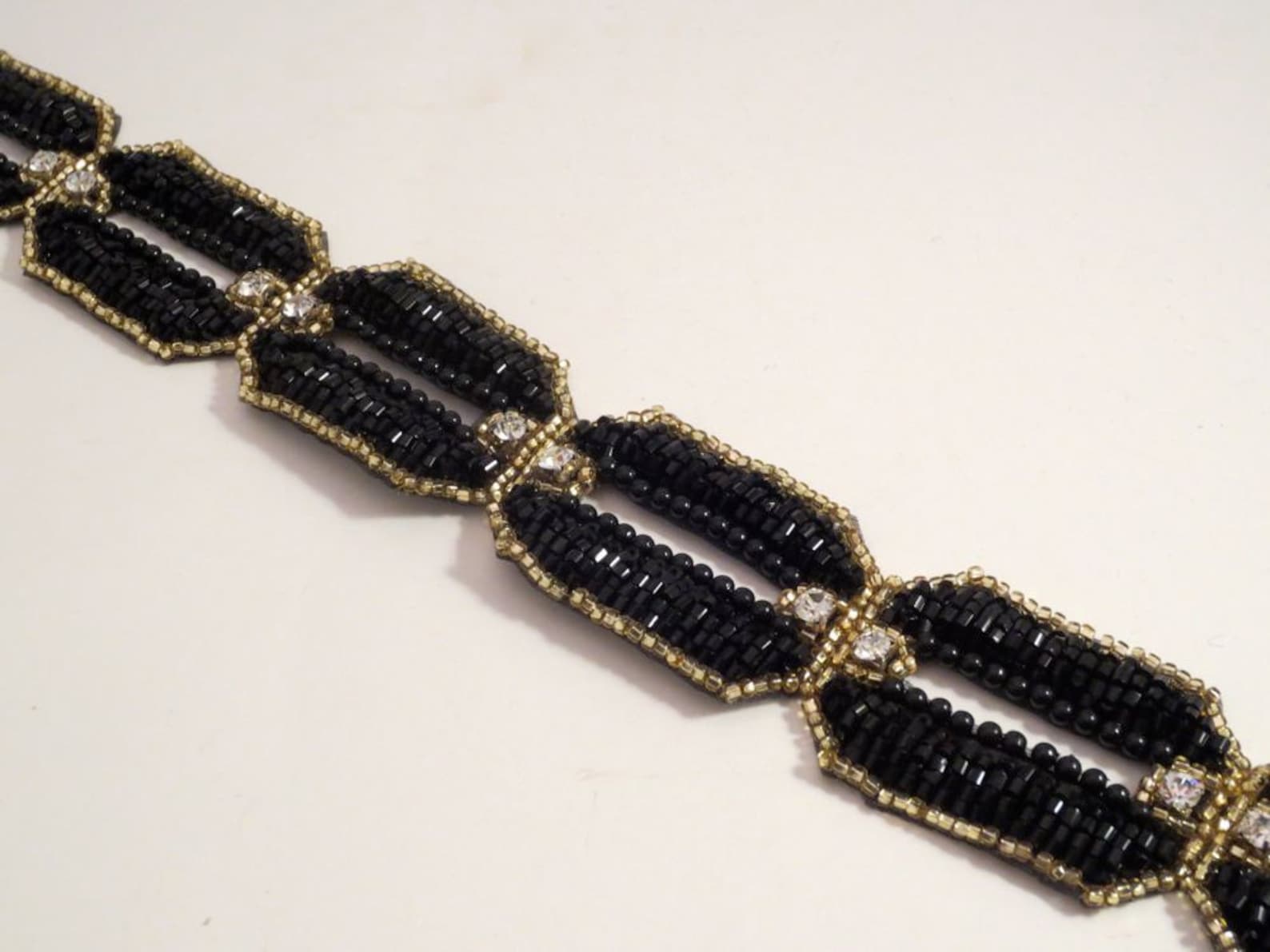 Black With Gold and Rhinestones Chain Design Beaded Trimone - Etsy