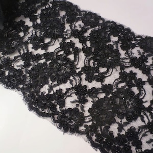 SPECIAL--Elegant Black Beaded Floral Design French Alencon Lace Trim 10&quot; Wide--By the  Yard