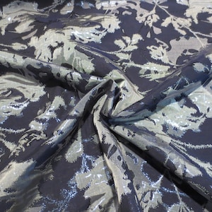 Elegant Shades of Navy and Denim Blue Metallic Abstract Floral Reversible Brocade Designer Fabric--By the Yard
