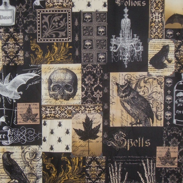 REMNANT--Black and Gold Nevermore Collage Print Pure Cotton Fabric from Michael Miller-2/3 Yard