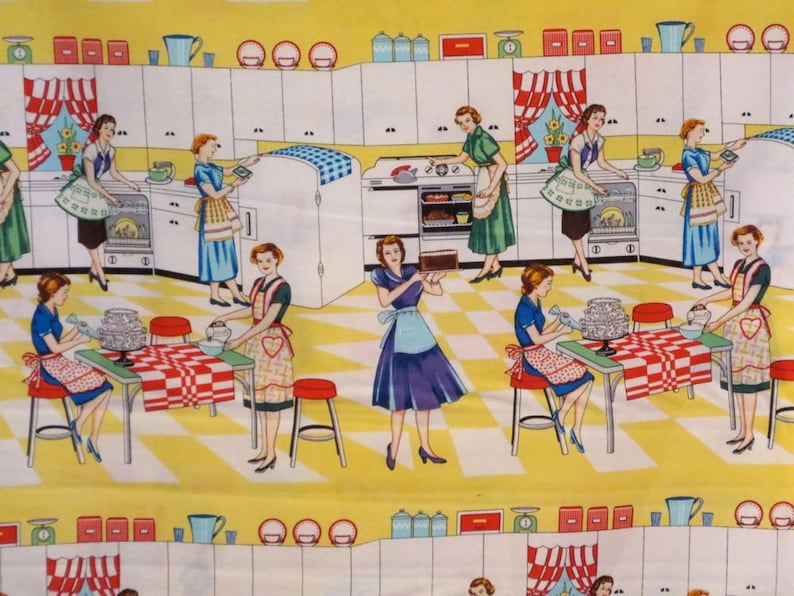 May include: A vintage illustration of a kitchen with nine women wearing aprons and preparing food. The kitchen features a checkered floor, red and white checkered tablecloths, and a variety of kitchen appliances.