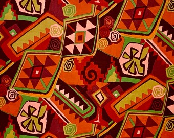 May include: Abstract pattern featuring geometric shapes in shades of orange, red, green, and brown. The design includes diamonds, triangles, and spiral motifs, creating a vibrant and textured appearance. The artwork has a hand-painted look.