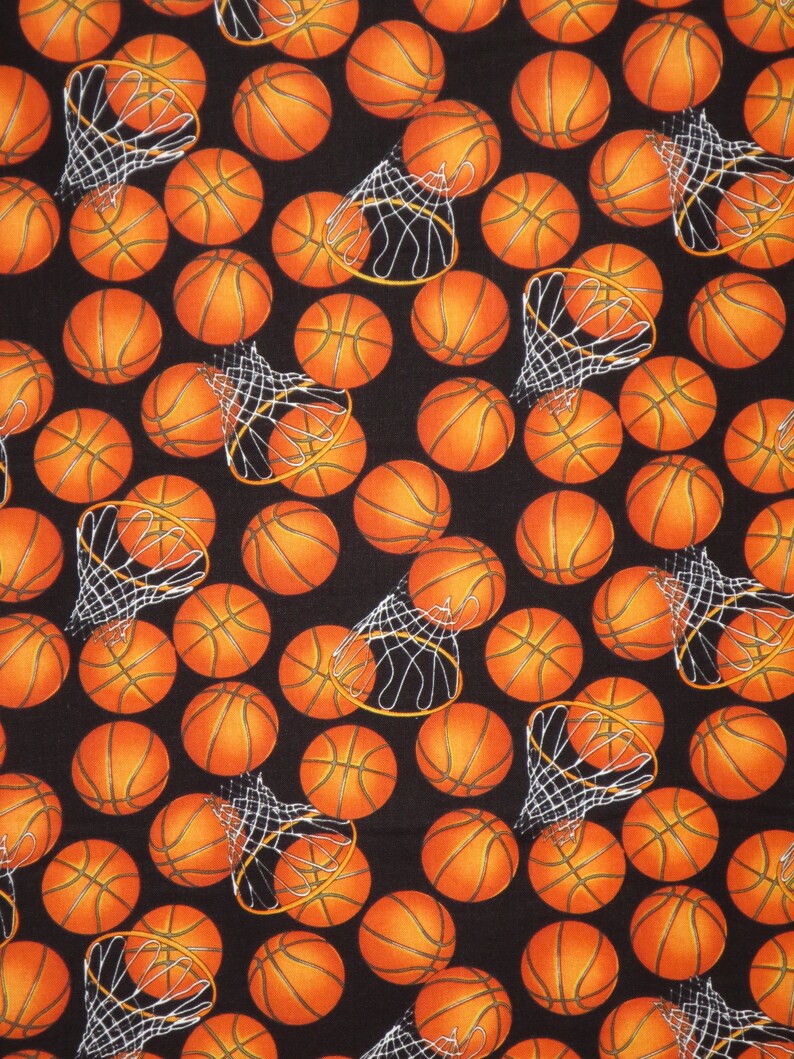 Tossed and Packed Basketballs and Nets on Black Print Pure Cotton ...