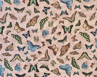 Charming Butterfly Collector Lepidoptery Print on Dusty Rose Pink Pure Cotton Fabric from Windham--By the Yard