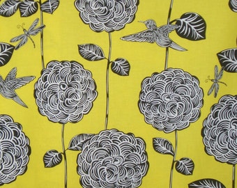 REMNANT--Yellow and Black Floral Print Pure Cotton Fabric--1.75 Yards