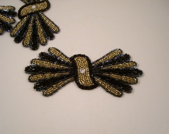 Stunning Black and Gold Deco Bow Shape Beaded Applique--By the Piece