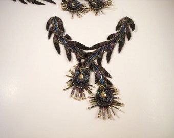 Peacock Feather Design Iridescent Beaded Neck Piece--One Piece