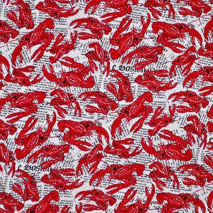 Fun Red Crawfish Lobster Tossed on Black and White Newspaper Print Pure Cotton Fabric--By the Yard