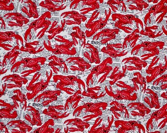 Fun Red Crawfish Lobster Tossed on Black and White Newspaper Print Pure Cotton Fabric--By the Yard