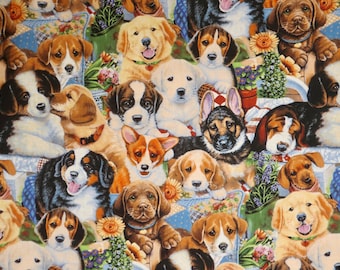 May include: A colorful fabric featuring a variety of dog breeds in different poses. The fabric is filled with playful puppies, including golden retrievers, beagles, and corgis. The fabric is perfect for crafting projects, such as quilts, pillows, and tote bags.