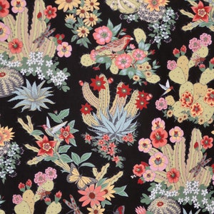 Stunning Hacienda Cactus on Black Print Pure Cotton Fabric from Alexander Henry--By the Yard