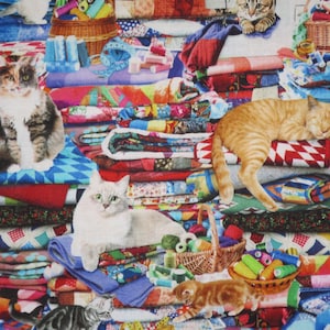 Delightful Cats on Quilts Print Pure Cotton Fabric from Timeless Treasures--By the Yard
