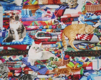Delightful Cats on Quilts Print Pure Cotton Fabric from Timeless Treasures--By the Yard