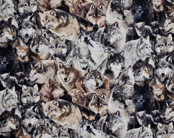 Amazing Packed Wolves Heads Print Pure Cotton Fabric from Elizabeth's Studio--By the Yard