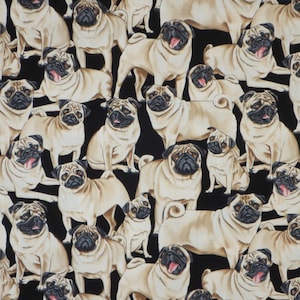 Packed Pug Pups on Black Pure Cotton Print Fabric from Timeless Treasures--By the Yard