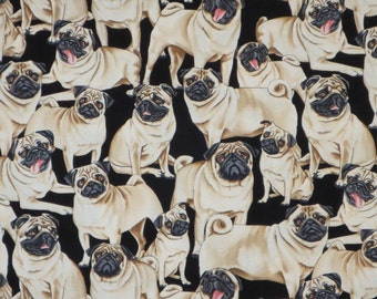 Packed Pug Pups on Black Pure Cotton Print Fabric from Timeless Treasures--By the Yard