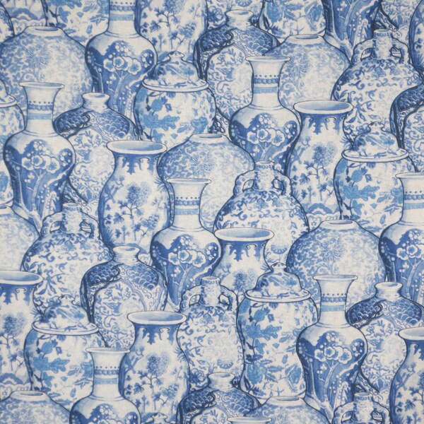 REMNANT--Beautiful Cobalt Blue on White Packed Ginger Jar Print Pure Cotton Fabric--5/8 Yard
