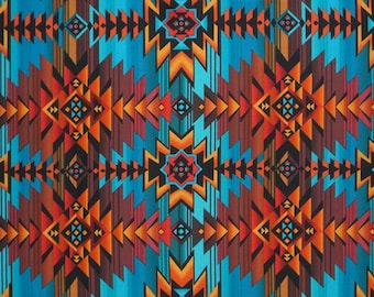 Turquoise and Rust Southwest Blanket Print Pure Cotton Fabric from Timeless Treasures--By the YARD