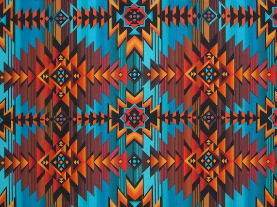 Turquoise and Rust Southwest Blanket Print Pure Cotton Fabric from Timeless  Treasures--By the YARD
