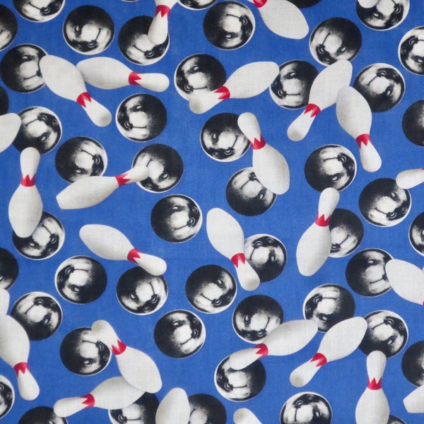 Striking Bowling Balls and Pins on Royal Sportslife Print Pure Cotton Fabric from Robert Kaufman--By the Yard